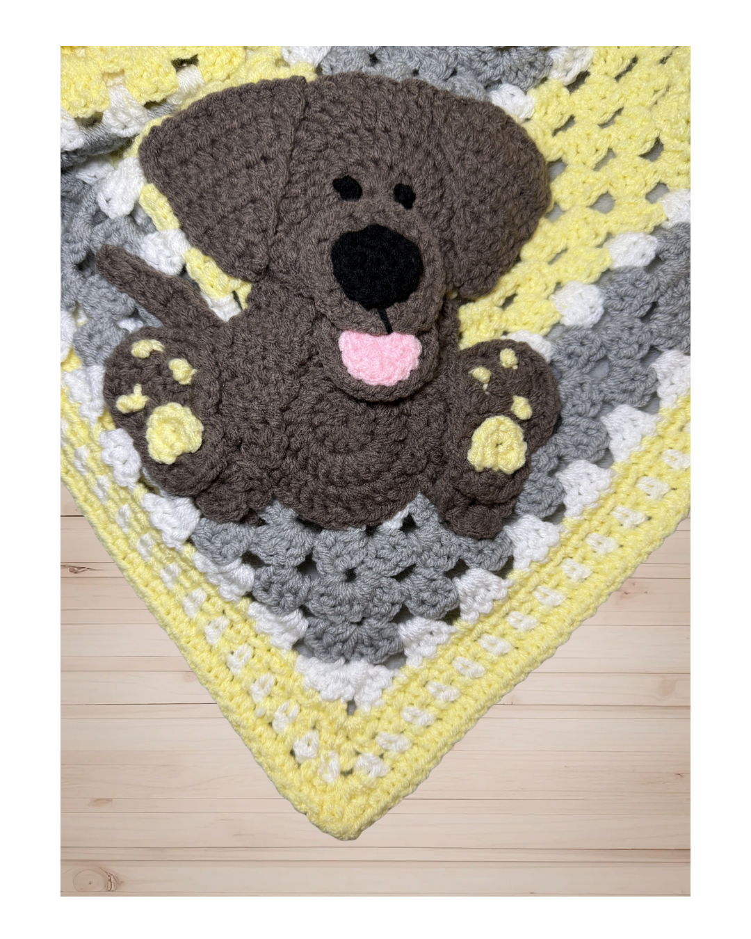 Handmade Yellow & Gray Crochet Blanket with Puppy Appliqué — 40x40 Baby or Toddler Throw