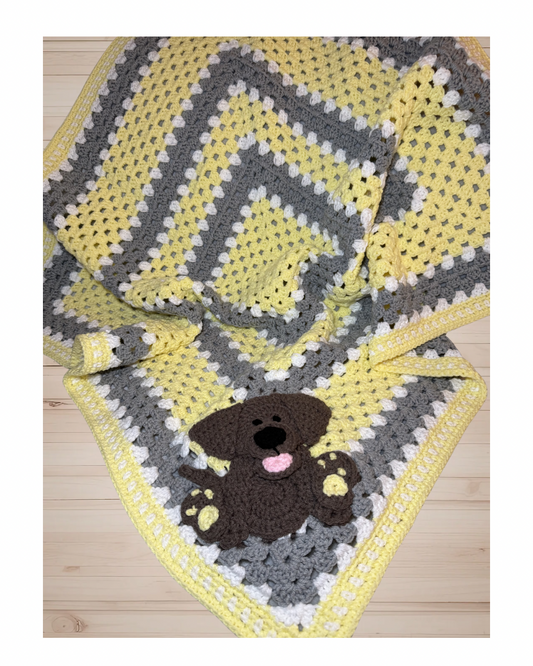 Handmade Yellow & Gray Crochet Blanket with Puppy Appliqué — 40x40 Baby or Toddler Throw