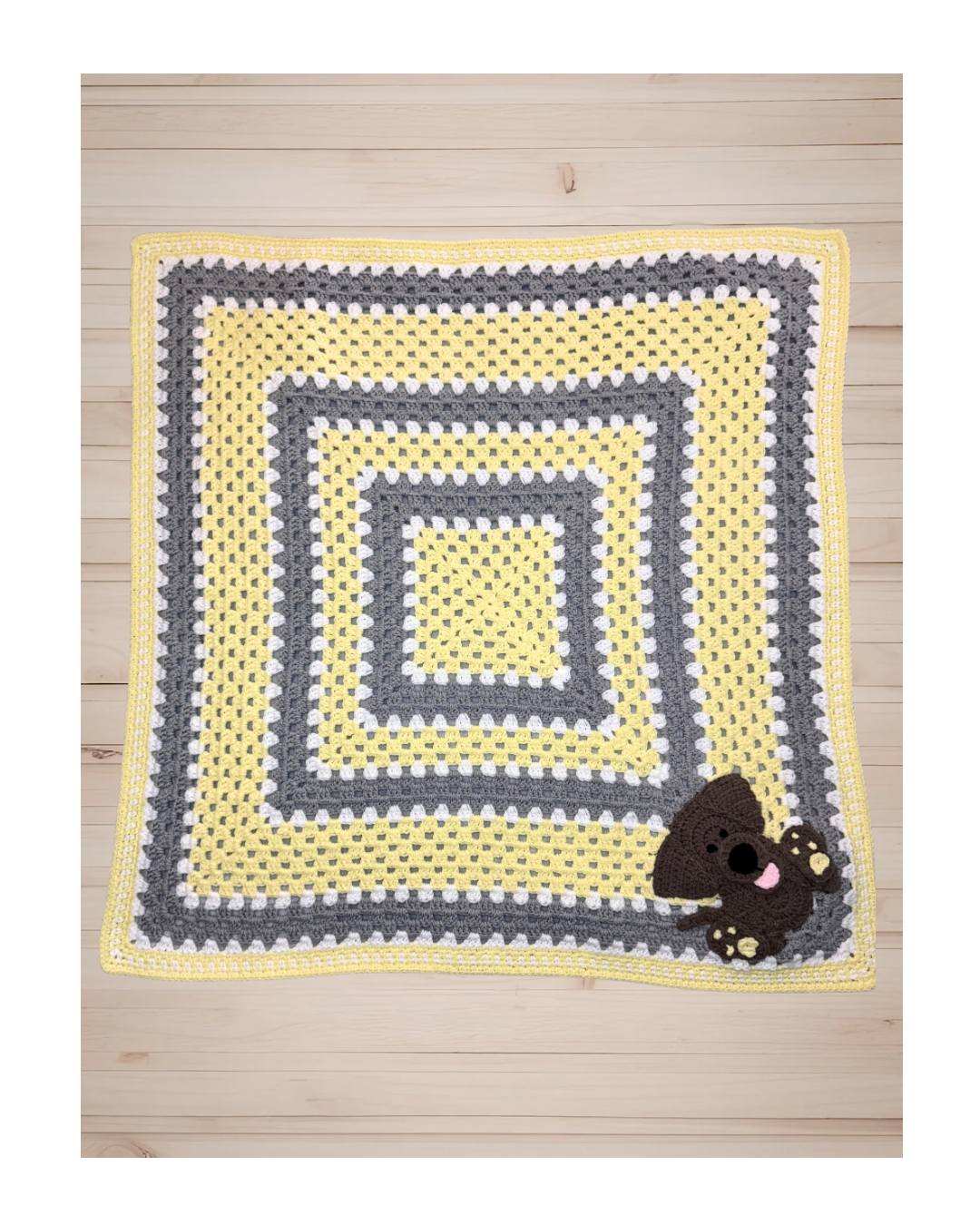Handmade Yellow & Gray Crochet Blanket with Puppy Appliqué — 40x40 Baby or Toddler Throw