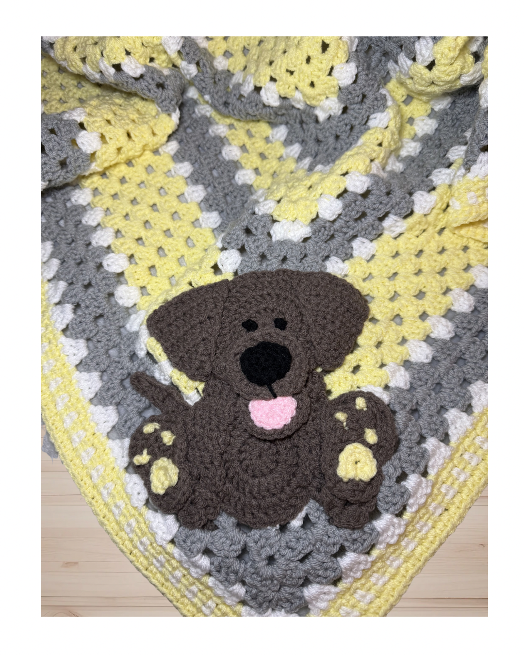 Handmade Yellow & Gray Crochet Blanket with Puppy Appliqué — 40x40 Baby or Toddler Throw